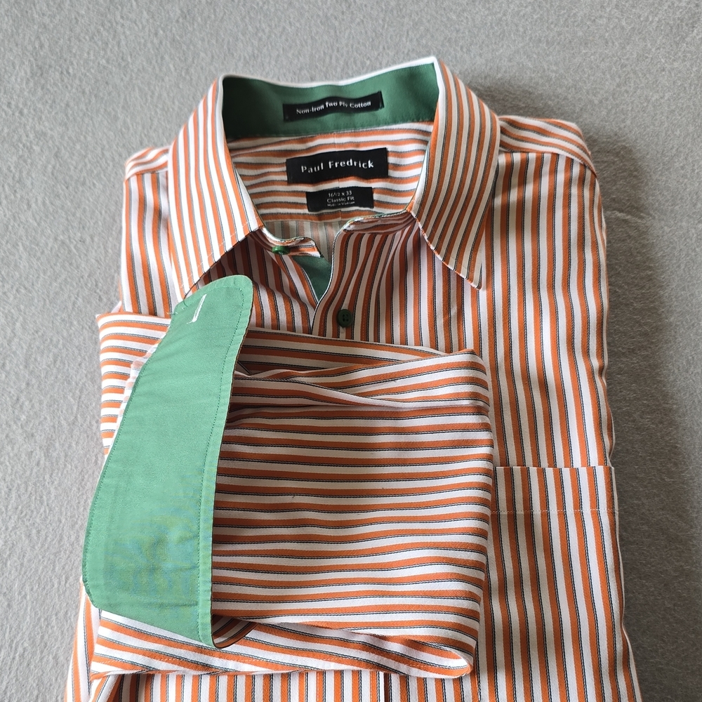 Paul Fredrick Orange & White Striped Dress  Shirt Green Trim Casual Size L